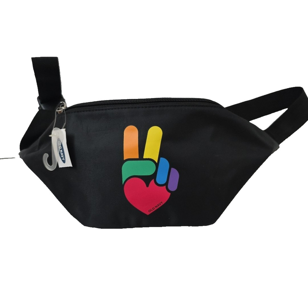 Old Navy Pride Rainbow Peace Sign Fanny Pack Black Waist Belt Bag NWT